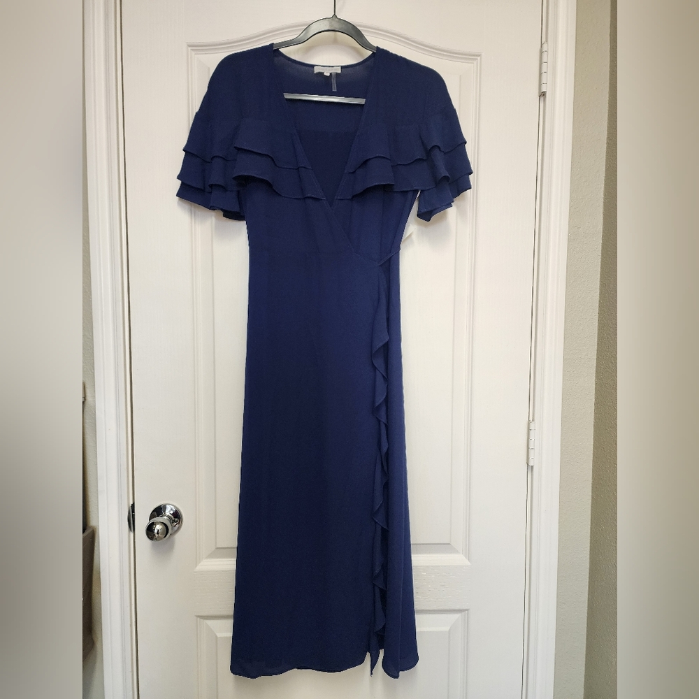 1. State Blue Ruffled Wrap Maxi Dress